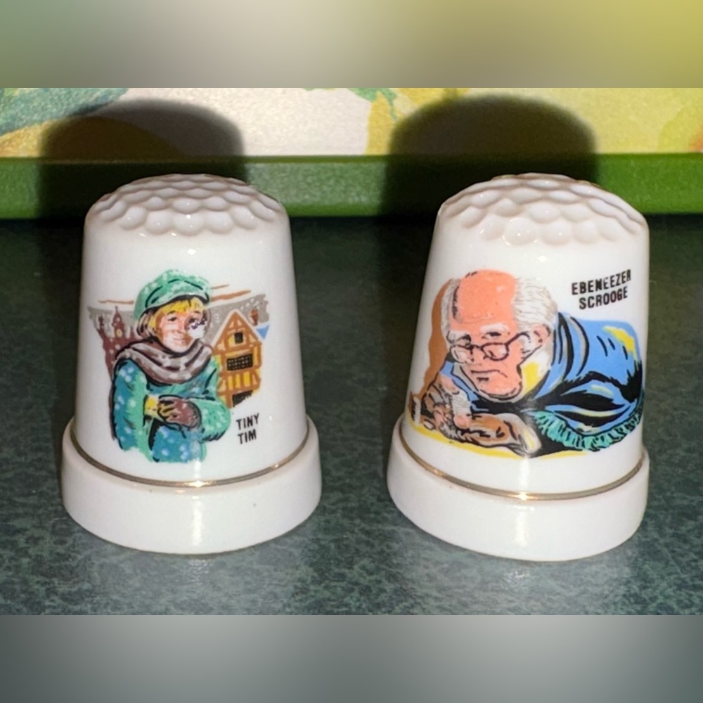 Vintage Ceramic Thimbles with Tiny Tim and Ebenezer Scrooge